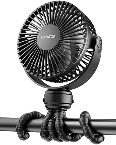 Gaiatop Mini Portable Stroller Fan, Battery Operated Small Clip on, Detachable 3 Speed Rechargeable, 360° Rotate Flexible Tripod Better Cooling for Car Seat Crib Treadmill Travel Black