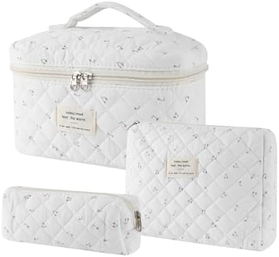 uekeboag 3Pcs Quilted Cotton Makeup Bag,Coquette Quilted Toiletry Bag for Women and Girls,Floral Coquette Pouch,Cute Kawaii Travel Cosmetic Bags(3Pcs White Cherry)