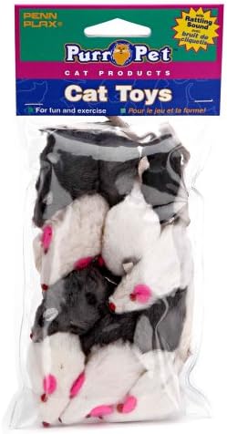 Penn-Plax Play Fur Mice Cat Toys | Mixed Bulk Bag of 12 Play Mice with Rattling Noise | 3 Color Variety Pack - CAT531, Black and White
