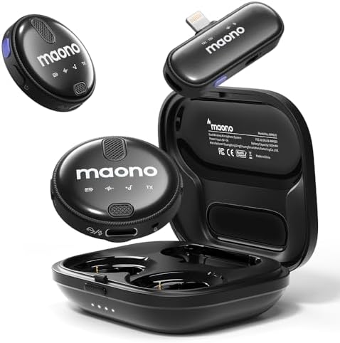 MAONO Wireless Lavalier Microphone for iPhone iPad, Professional Clip on Lapel Mic with Noise Cancelling, 4-Stage Gain, 36H Working Time for Video Recording, YouTube, Vlogging, Streaming