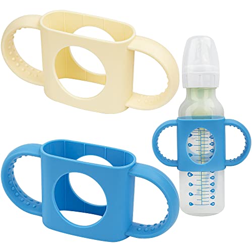 2 Pack Bottle Handles Compatible with Dr Brown Narrow Baby Bottles and Wide-Neck Bottles Non-Slip Easy Grip Handles - BPA-Free Food Grade Silicone Dishwasher Safe - Milk White, Blue