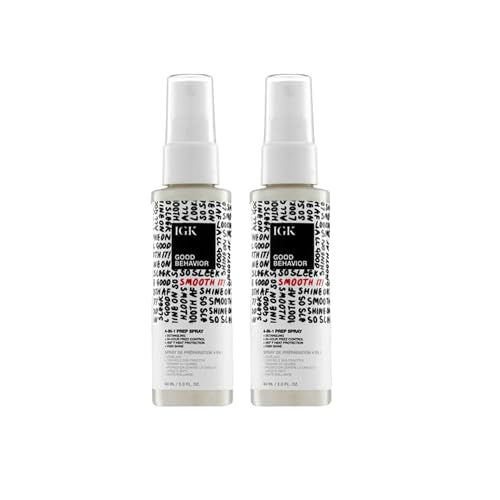 IGK GOOD BEHAVIOR 4-in-1 Prep Spray Travel Size | Gently Detangles, Controls Frizz for 24 Hours, Heat Protection & Shine | Weightless Formula for Smooth Hair | 2.0 Fl Oz (Pack of 2)