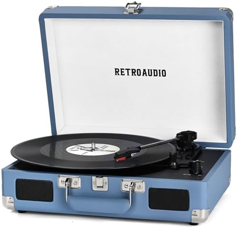 Vinyl Record Player Bluetooth Vintage Portable Suitcase Turntable with Built-in Speakers 3-Speed Belt-Driven Record Player Support RCA Output and Headphone Output