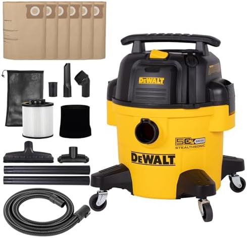 DEWALT 6 Gal Stealthsonic Shop Vacuum Wet and Dry, 5 Peak HP Poweful Suction Ultra-Quiet Vacuum Cleaner with Complete Accessory Kit and 6 Dust Bages, Shop Vac for Home, Jobsite, Workshop, Garage, Car
