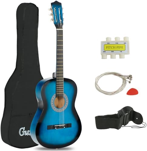 38 Inch Beginner Acoustic Guitar, 6-String Guitar Starter Kit for Starters with Gig Bag, Strings, Strap, Pitch Pipe and Pick, Blue