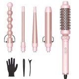 Wavytalk 5 in 1 Curling Iron,Curling Wand Set with Curling Brush and 4 Interchangeable Ceramic Curling Wand(0.5”-1.25”),Instant Heat Up,Include Heat Protective Glove & 2 Clips (Pink)