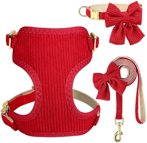 Didog Cute Small Dog Harness Collar & Leash Set, Adjustable Dog Collars and Leashes with Bowtie, Breathable Soft Mesh Padded Dog Vest for Puppies Small Dogs Walking, Red, S