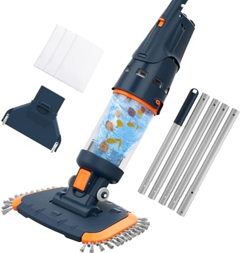 Handheld Rechargable Portable Pool Vacumm, Cordless Spa Cleaner -1h Run Time,High Capacity, Strong Suction,Angle Vac Head, Aluminum Pole,3 Fine Mesh Filter for Hot Tub, Above Ground & Inground Pool