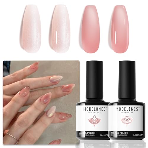 modelones Gel Nail Polish Set 2 Pcs 15 ML Nude Pink Translucent Sheer Glitter French Tip Gel Polish Soak Off LED For Nail Art DIY Shimmer French Manicure At Home For Women Girls