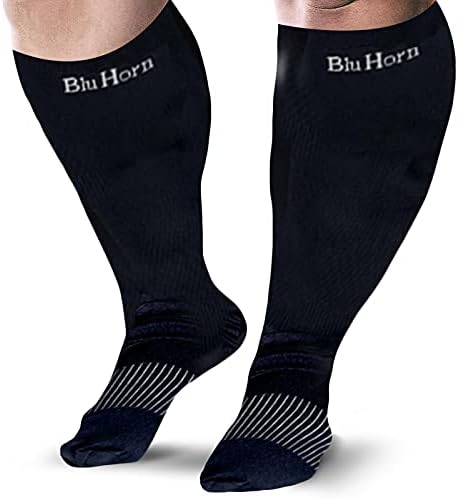 Knee High Compression Socks 15 to 20 mmHg Improves Blood Circulation for Wide Calf Travel, Running, Cycling Athletic, Color-Black