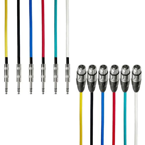 AxcessAbles XLR Female to 1/4" TRS Balanced 25ft Speaker Color Cable Pack | Balanced Speaker, Microphone Snake Cords (25ft - 6 Pack)