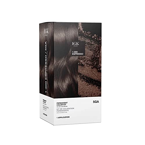 IGK Permanent Color Kit 1-800 ESPRESSO - Golden Ash Brown 5GA | Easy Application + Strengthen + Shine | Vegan + Cruelty Free + Ammonia Free | 4.75 Oz
