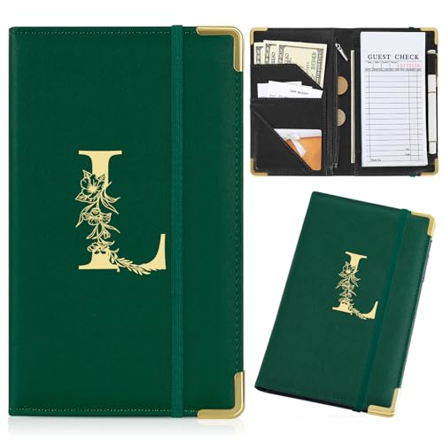 FIODAY Server Book, Alphabet Server Books for Waitress Leather Waitess Book with Zipper Pocket Serving Book Cute Server Check Book Fits Server Apron,Green L