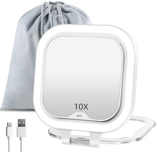 FUNTOUCH Compact Travel Lighted Makeup Mirror, Rechargeable Double-Sided 1X10X Magnification Mirror with 3 Lights, Handheld Tabletop Portable Hanginig Mirror with Bag, Dimmable Touch Screen