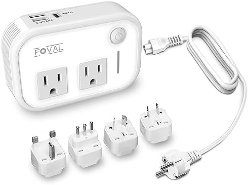 220V to 110V Converter Travel Adapter: FOVAL International Step Down Power Converter for Hair Straightener/Curler with 18W USB-C Port Outlet Voltage Converter US to Europe Italy UK AU China Plug