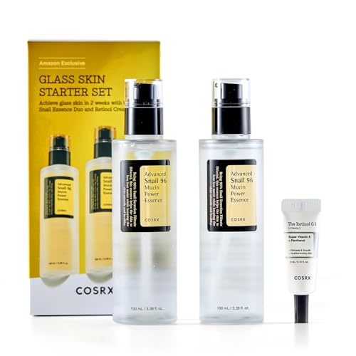 COSRX Glass Skin Starter Set, Amazon Exclusive, Advanced Snail 96% Mucin Power Essence & Retinol 0.1% Cream Mini Sample, Daily Hydrating & Firming Korean Skin Care Kit, Gift Set