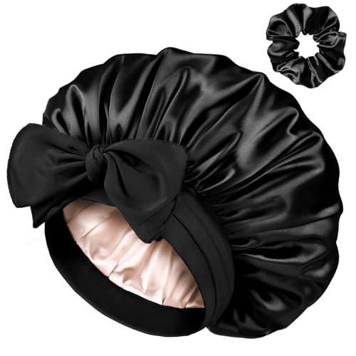YANIBEST Double Layer Satin Silk Bonnet for Sleeping Hair Bonnet with Elastic Tie Band for Curly Hair Wig Caps Black