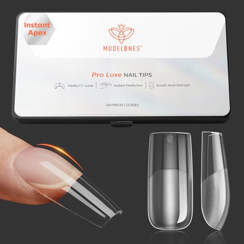 modelones Pro Luxe Instant Apex Nail Tips, Medium Square Gel x Nail Tips Pre-building & Pre-etched Thicker Strength Acrylic Fake Nails Full Cover 15 Sizes