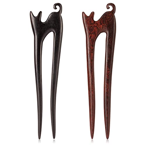Noverlife 2PCS U Shape Wooden Hair Sticks, Handmade Carved Ebony Sandalwood French Hair Forks, with Cute Cat Kitty Design, 2-Prong Vintage Wood Hair Pins for Women Chignon Bun Updo Hairstyle