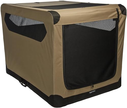 Amazon Basics Dog Crate, Travel Dog Kennel Double Door Collapsible, Lightweight Soft-Sided Folding, Portable Dog Cage, XL 42" x 31" x 31", Tan