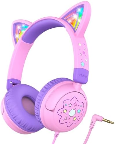 iClever Kids Headphones Cat Ear, LED Light Up, 85dBA Safe Volume, Stereo Sound Toddler Headphones for Travel School, Foldable 3.5mm Wired Kids Headphones for iPad Tablets, Meow Lollipop -Pink