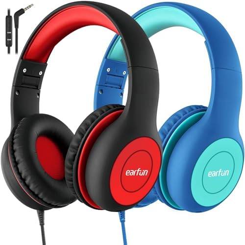 EarFun 2Packs Kids Headphones Wired with Microphone, 85/94dB Volume Limit Headphones for Kids, Portable Wired Headphones with Shareport, Stereo Sound Foldable Headset for School/Tablet/iPad/Kindle