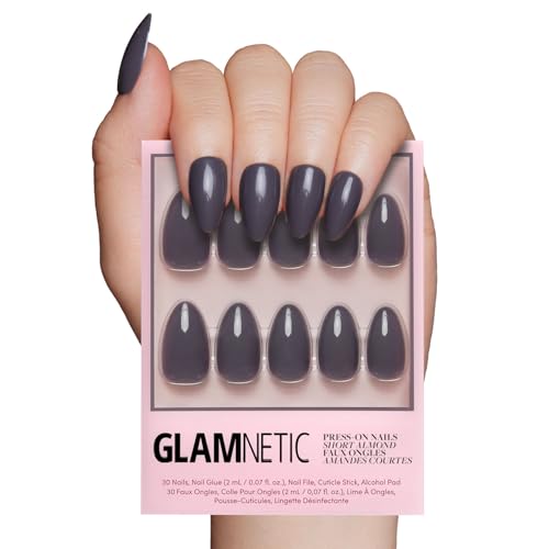 Glamnetic Press On Nails - Ash Gray | Opaque Muted Smoke Gray Short Almond False Nails, Reusable Stick On Fake Nails with Glue | Salon Quality | 15 Sizes - 30 Nail Kit