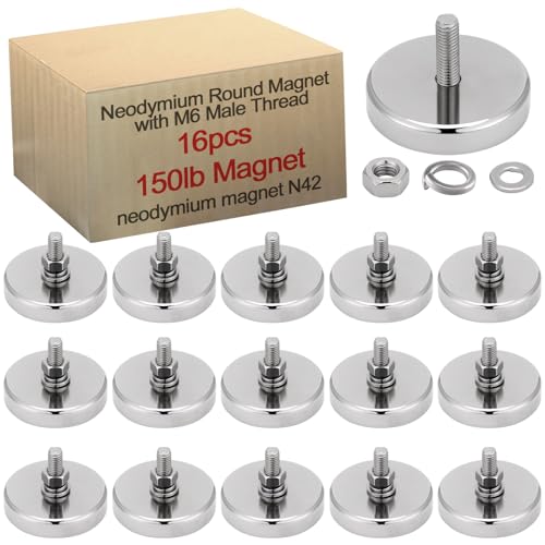 Flutesan Neodymium Round Magnet with M6 Male Thread, 90 lb or 150 lb Round Magnet with Bolt Stud Mounting for Lighting, Camera and Other Brackets(16 Pieces,150lb Magnet)