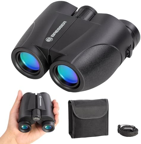 BRESSER 10x25 Binoculars for Adults and Kids, Folding Compact Binocular with Weak Light Vision, Lightweight Small Binoculars for Bird Watching, Travel, Concerts, Hunting, Hiking, Black