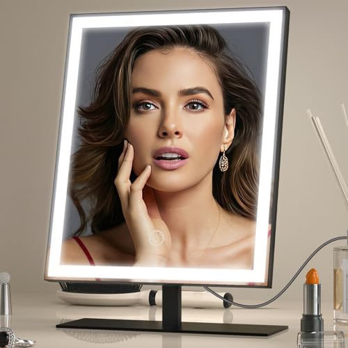 Vanity Mirror with Lights, Makeup Mirror with 3 Color Lighting, Dimmable Hollywood Vanity Mirror, 13.5"H x 10"W Tabletop Lighted Make Up Mirror, Black Desk Mirror for Teen Girl Women, Room Decor