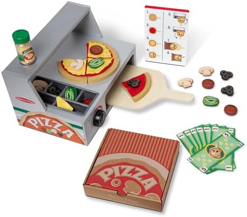 Melissa & Doug Top & Bake Wooden Pizza Counter Play Set with Play Food (41 Pcs) Preschool Toy Pizza, Wooden Food Set, Pretend Sets For Kids Ages 3+ - FSC-Certified