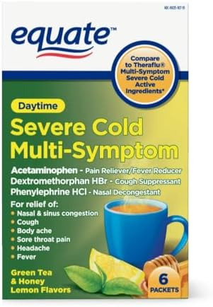 Equate Daytime Severe Cold Multi-Symptom, Green Tea Honey Lemon, 6 Little Packets