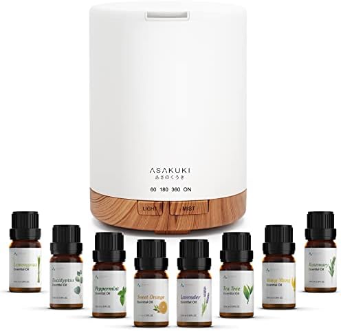 ASAKUKI Essential Oil Diffuser, Aromatherapy Cool Mist Home Humidifier with 7 LED Color Changing Light and Auto-Off Safety Switch, 8 Essential Oils Set, 300ml (X-Brown with Oils)