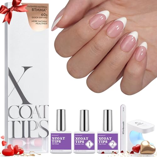 BTArtboxnails XCOATTIPS French Nail Tips - Short Almond Nail Tips with Nail Gel, French Protecing Duo, Nail Lamp, All in One Soft Gel French Tip Press on Nails Gel Valentines Day Gift