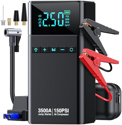 Car Battery Jump Starter with Air Compressor, 3500A 150PSI Car Jump Starter Jump Box (All Gas/10L Diesel), Car Battery Jumper Starter Portable Jumper Cables, Large LCD Display, LED Light