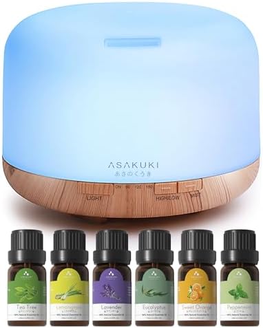 ASAKUKI Oil Diffuser with Essential Oils Set, 500ml Aromatherapy Humidifier with 14 LED Colors & Auto Shut-Off - 6 Oil Gift Pack(Lavender Eucalyptus Tea Tree Orange Peppermint Lemongrass)