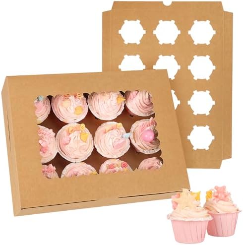 Moretoes 12 Count Cupcake Boxes, 34 Sets Brown Cupcake Containers with Window and Inserts, 13 x 10 x 3.5 Inches Kraft Bakery Carrier Boxes for Cupcakes, Muffins and Pastries