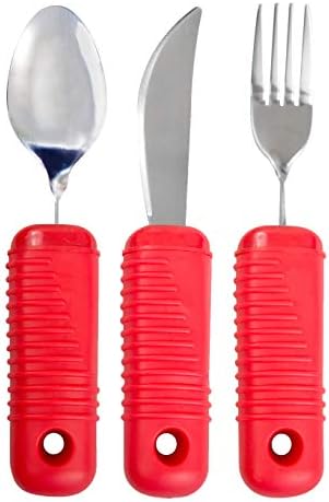 3 Piece Super Easy Grip Red Flatware Set - Bendable Built Up Large Fork, Knife, and Spoon - Red