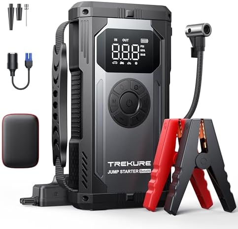 Portable Car Jump Starter with Air Compressor, TREKURE 150PSI 5000A Car Battery Jump Starter (All Gas/10L Diesel), 12V Jump Box Car Battery Jumper Starter Portable with LCD Display, Lights