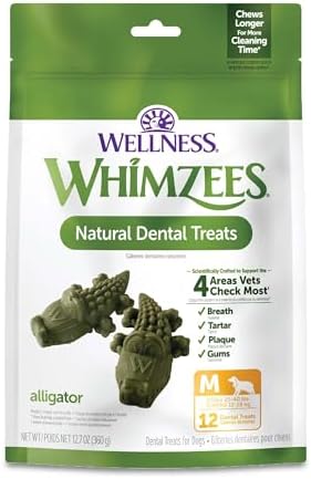 Whimzees by Wellness Alligator Natural Dental Chews for Dogs, Long Lasting Treats, Grain-Free, Freshens Breath, Medium Breed, 12 Count