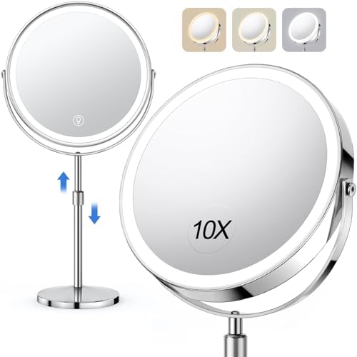 1x/10x Large Lighted Makeup Mirror, Rechargeable 8" Height Adjustable Vanity Mirror, Magnifying Mirror with 3 Color, Brightness Adjustable, 360° Rotation Double Sided Mirror, Gift for Women