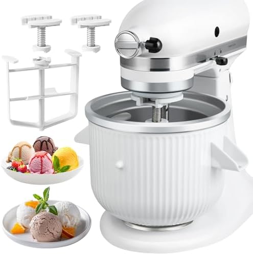 Ice Cream Maker Attachment for KitchenAid Stand Mixer, Ice Cream Bowl Fit for 4.5Qt and Larger Stand Mixers, Ice Cream & Sorbet Gelato Maker Attachment, 2 Quart, White