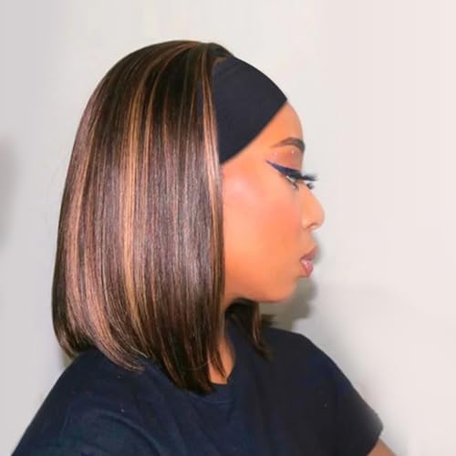 xccoco Highlight Headband Wigs for Black Women Short Brown Yaki Straight Hair Headband Wig Put On and Go Glueless Wig Natural Looking Synthetic Wig with Headband,12inch