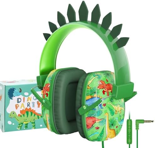 TCJJ Dinosaur Headphones for Boys to School, Kids Wired Headphones with Mic & 3.5mm Jack, Safe Volume 85/94dB,Noise Cancelling Over-Ear Headphone with Adjustable Headband for iPad/Smartphones-Green
