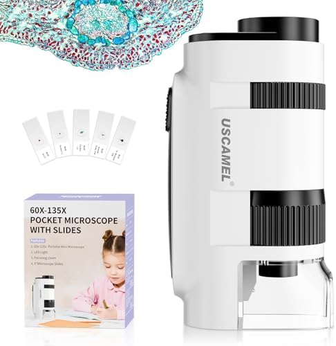 Pocket Microscope for Kids and Adults - 135x Mini Microscope, Portable Handheld MiniMicroscope with 5 Microscope Slides, Perfect for Microbiological Observation, Preschool Learning Gifts