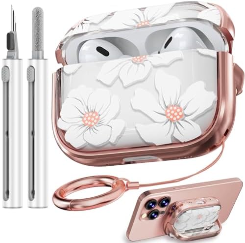 with Safety Lock for AirPods Pro Case, Cute Flowers Case for Women Girls - Cleaner Kit (2023 USB-C /2022/2019) - White Lily