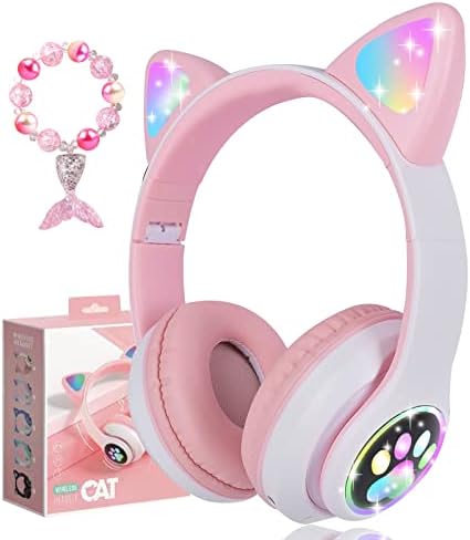 Wireless Headphones for Kids, Cat Ear LED Light Up Bluetooth Kids Headphones with Microphone for School/Travel/Sports/Gaming/Gifts/Christmas (Pink)