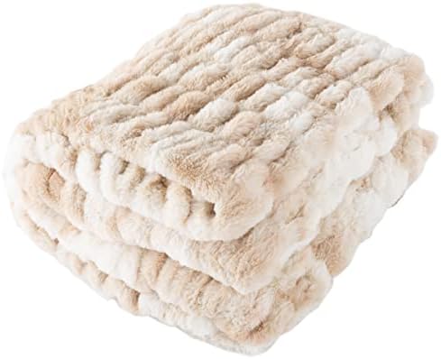 Oversized Ruched Faux Fur Blanket - 60x80-Inch Jacquard Faux Fur Queen-Size Throw for Sofas and Beds - Luxurious Bedding by Lavish Home (Cream)