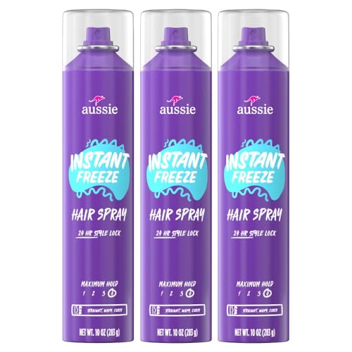 Aussie Instant Freeze Hair Spray for Extreme Hold, Infused with Jojoba Oil & Sea Kelp, Long-Lasting All-Day Hold, Fresh Citrus Scent, Safe for All Hair Types, 10 Fl Oz, 3 Pack
