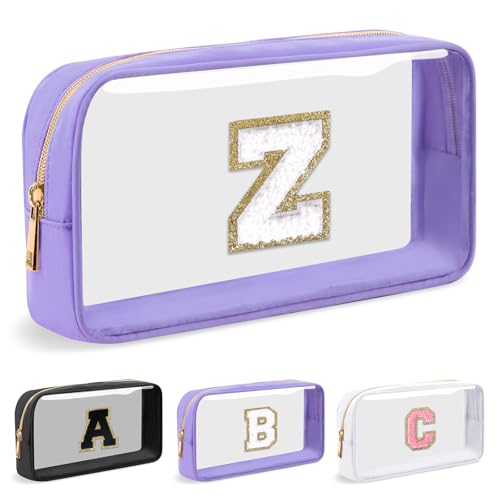 Personalized Initial Letter Clear Makeup Bag,Preppy Small Nylon&PVC Cosmetic Zipper Bag with Chenille Letter,Travel Skincare Toiletry Bag,Monogram Christmas Gift for Teen Girls Women,Z